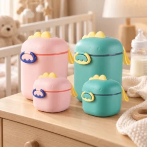 Milchpulver-Boxen im Dino-Design in Rosa und Grün, jeweils in kleiner und großer Ausführung auf einer Holzkommode.