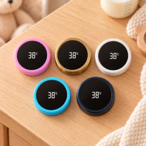 Fünf runde SmaFla 1.0 Ersatzdeckel in Rosa, Gold, Weiß, Blau und Schwarz mit digitaler Temperaturanzeige.