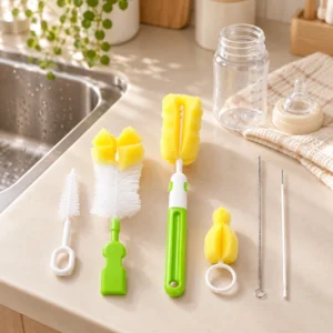 Sechsteiliges Babyflaschen-Reinigungsset mit gelben Schwammköpfen sowie grünen und weißen Griffen neben einer Küchenspüle.