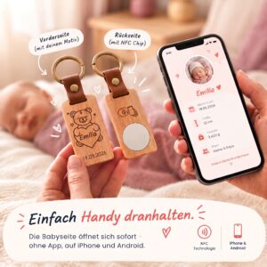 SmaTag: Holz-Schlüsselanhänger mit graviertem Motiv vorne und NFC-Chip hinten – Handy dranhalten und die Babyseite öffnet sich, ohne App